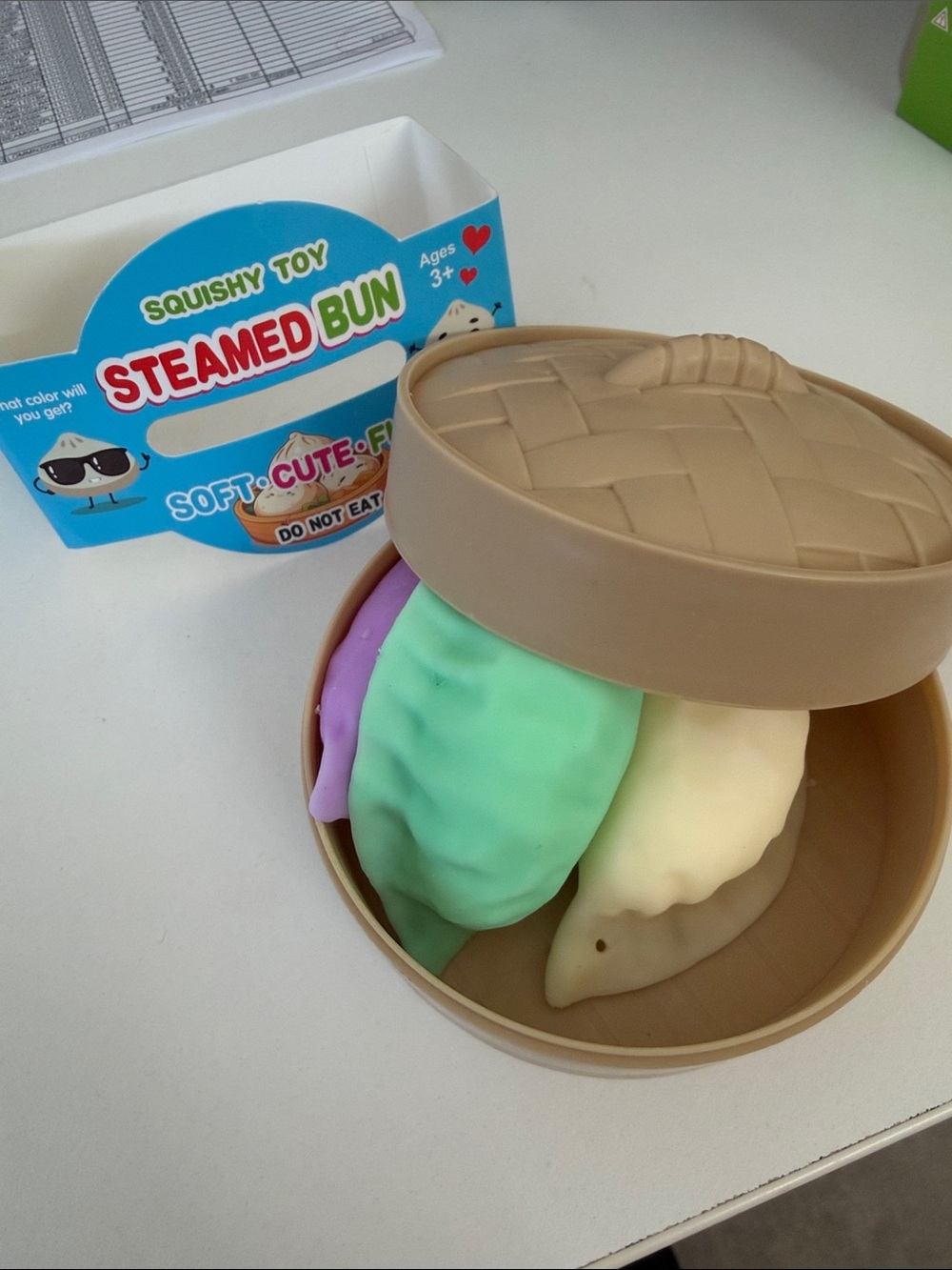Steamed Bun Squishy Toy Trio - Pastel Purple, Mint, Cream